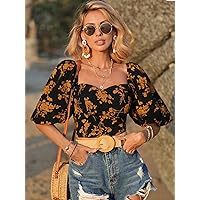 Women's Shirts Sexy for Women Floral Print Sweetheart Neck Blouse Shirts for Women (Color : Mustard Yellow, Size : Large)