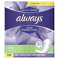Always Xtra Protection Daily Liners, Long, 108 Count, Pack of 4 (Total 432 Count)
