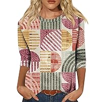 Womens 3/4 Sleeve Fashion Crewneck Tops Fashion Casual Vintage Printed Seven Sleeve Round Neck Top