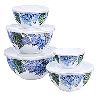 Amazon Basics Nesting Melamine Mixing Bowl With Lid And Non-Slip Base, 5 Sizes, Set Of 10, Hydrangea Floral, 3 15/16