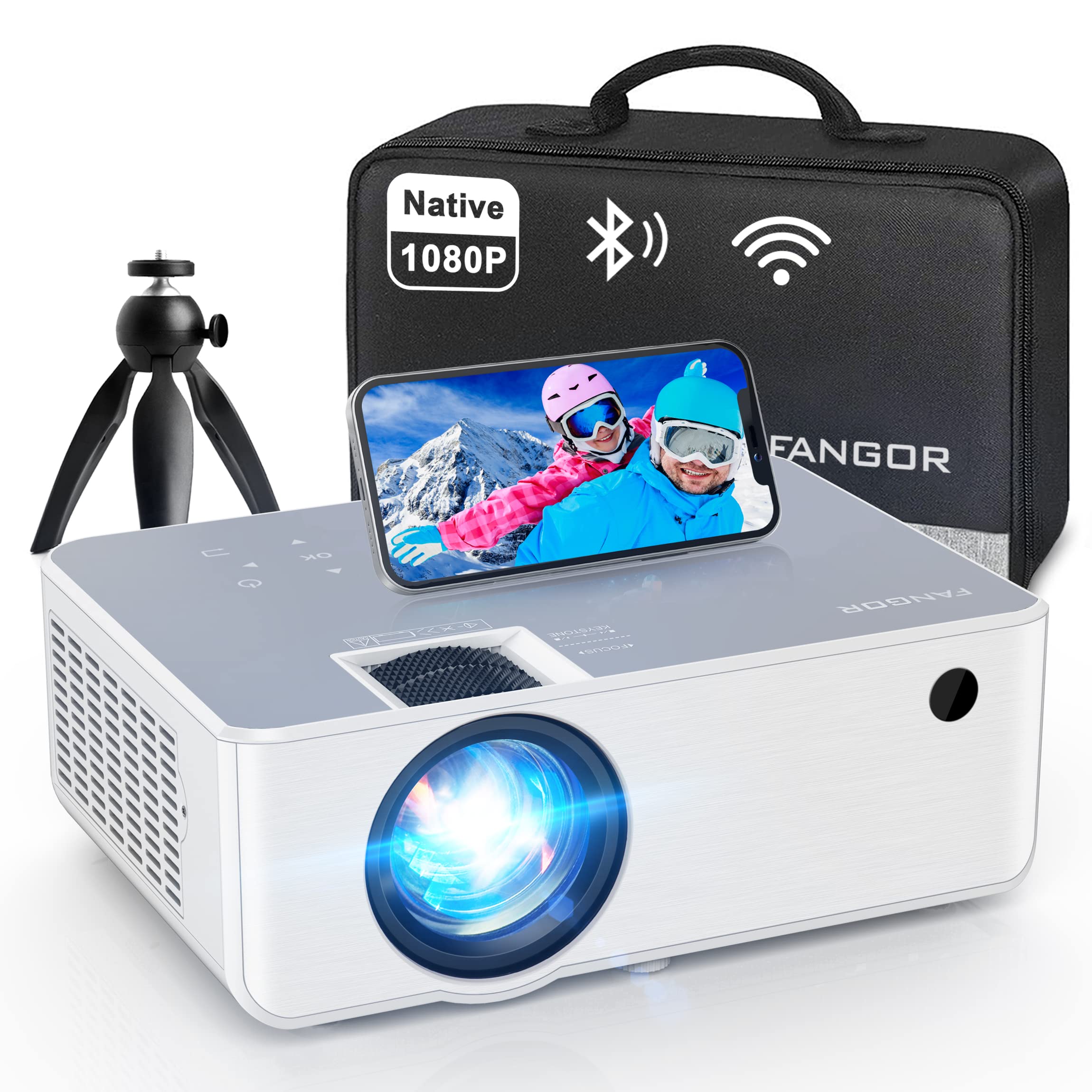 FANGOR 1080P HD Projector, WiFi Bluetooth Projectors, Max 230”Projection Screen Portable Home Theater Video Movie Proyector With Tripod, Compatible with HDMI, VGA, USB, Laptop, iOS & Android Phone