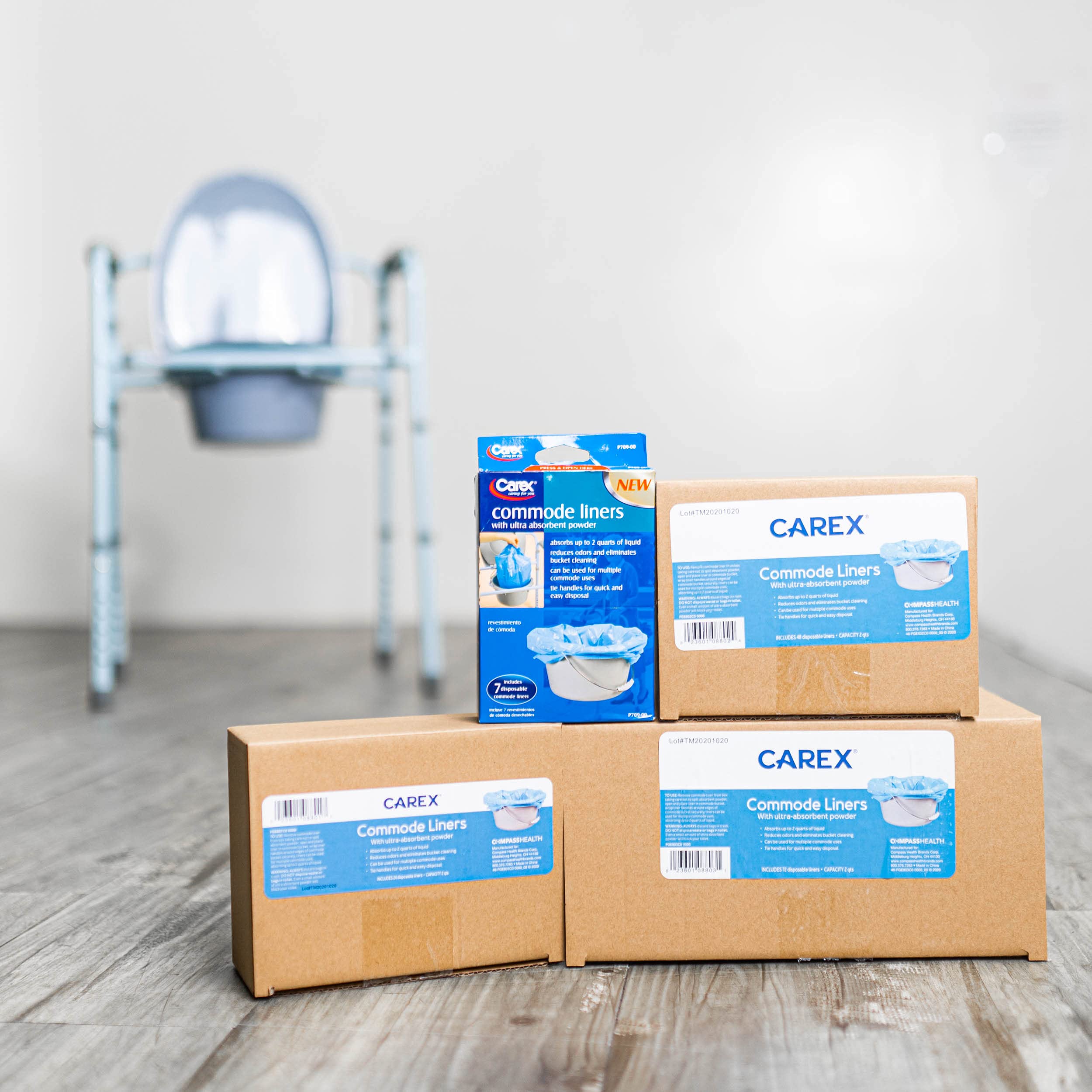 Carex Premium Commode Liners 72 Pack Leak Proof Fits Most Commodes with Absorbent Powder Holds 2 Quarts Liquid Disposable, Commode Liners with Absorbent Pads
