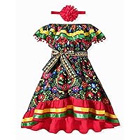 fioukiay Toddler Girls Mexican Dress Little Girl Off Shoulder Bowknot Traditional Color Block Dresses