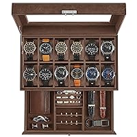 SONGMICS 12-Slot Watch Box, Lockable Watch Case with Glass Lid, 2 Layers, with 1 Drawer for Rings, Bracelets, Father's Day Gifts, Brown Synthetic Leather, Brown Lining UJWB012K01