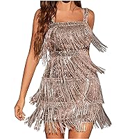 Women's Sparkly Sequin Tassels Fringe Dress V Neck Spaghetti Straps Bodycon Country Concert Outfits Party Clubwear
