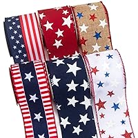 Ribbli Patriotic Wired Ribbon,6 Rolls Stars and Stripes/Navy and Red Star/Glitter Star Burlap Ribbon,2-1/2 Inch Total 90 Feets(30 Yards) Patriotic Ribbon for Crafts,Wreath,4th of July Ribbon