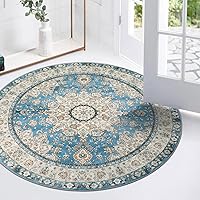 Lahome Oriental Floral Medallion Round Rug - 3Ft Blue Small Round Area Rug, Soft Non-Slip Washable Bathroom Mat Indoor Throw Kitchen Carpet for Bedroom Chair Closet Decor