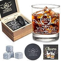 50th Birthday Gifts for Men Whiskey Glass Set - 50th Birthday Decorations, Party Supplies - 50 Year Anniversary, Bday Gifts Ideas for Him, Dad, Husband, Friends - Wood Box & Whiskey Stones & Coaster