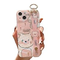 for iPhone 14 Case 6.1 Inch Cute with Wrist Strap Kickstand Glitter Bling Cartoon IMD Soft TPU Silicone Shockproof Protective Phone Cases Cover for Girls and Women - Pink Bear