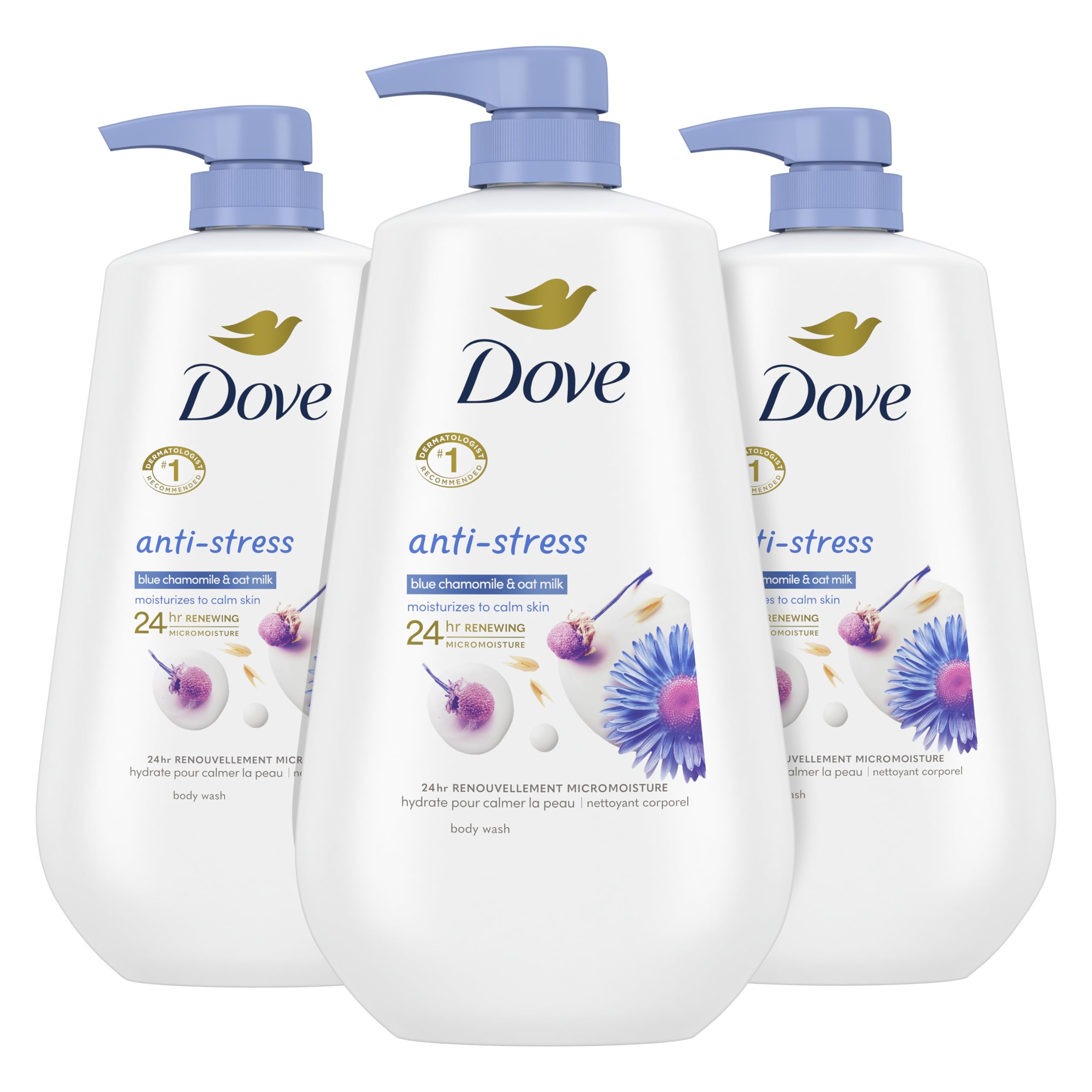 Dove Body Wash with Pump Anti-Stress Blue Chamomile & Oat Milk, 3 Count for Renewed, Healthy Looking Skin, Moisturizing Gentle Skin Cleanser with 24hr Renewing MicroMoisture, 30.6 oz