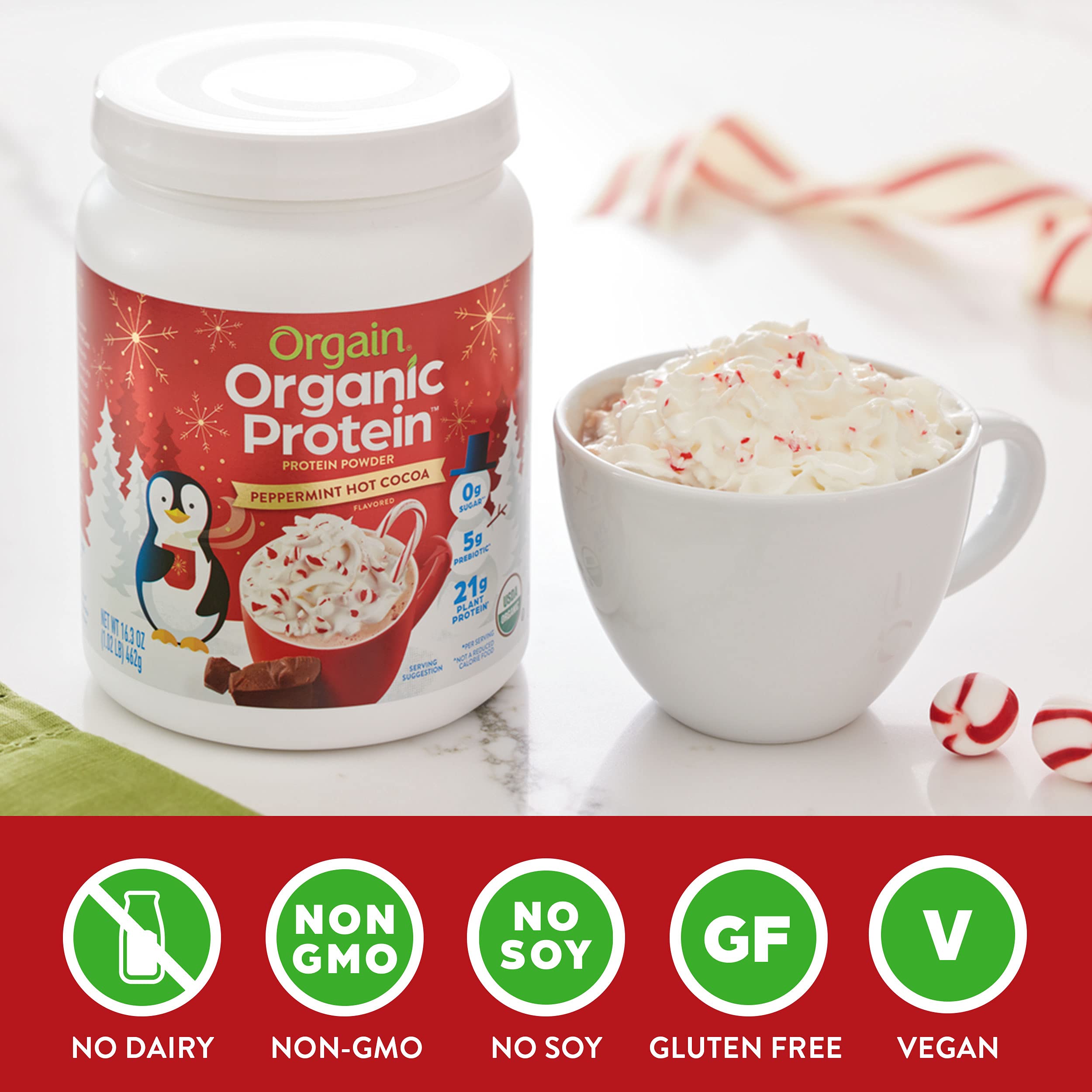 Orgain Organic Vegan Protein Powder, Holiday Peppermint Hot Cocoa - 21g Plant Based Protein, Gluten Free, Dairy Free, Lactose Free, Soy Free, No Sugar Added, Kosher, For Smoothies & Shakes - 1.02lb