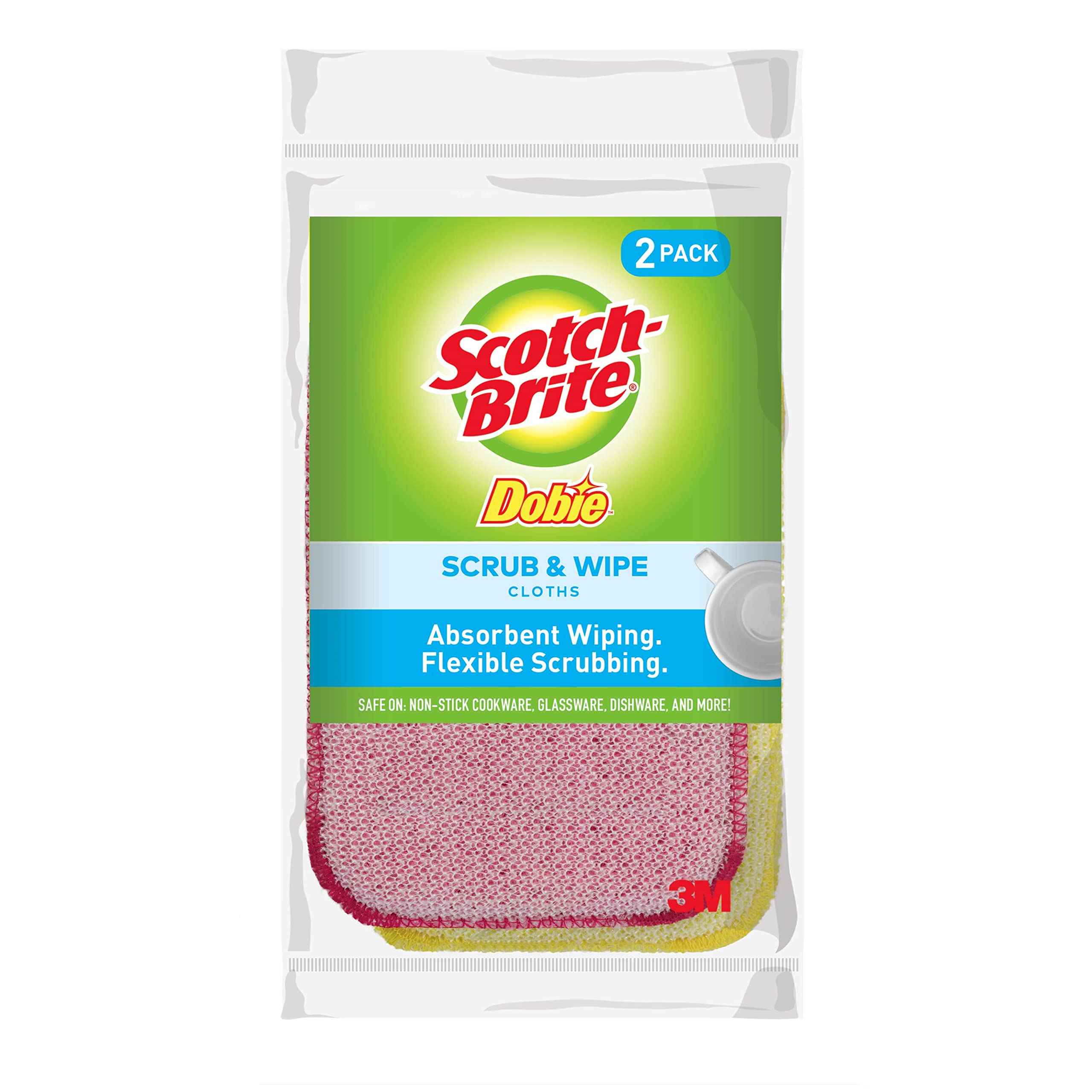 Scotch-Brite Dobie Scrub & Wipe Cloths, Sponge Cloths for Cleaning Kitchen, Bathroom, and Household, Dobie Scrub and Wipe Cloth Absorbs and Doesn't Scratch, 2 Cleaning Cloths