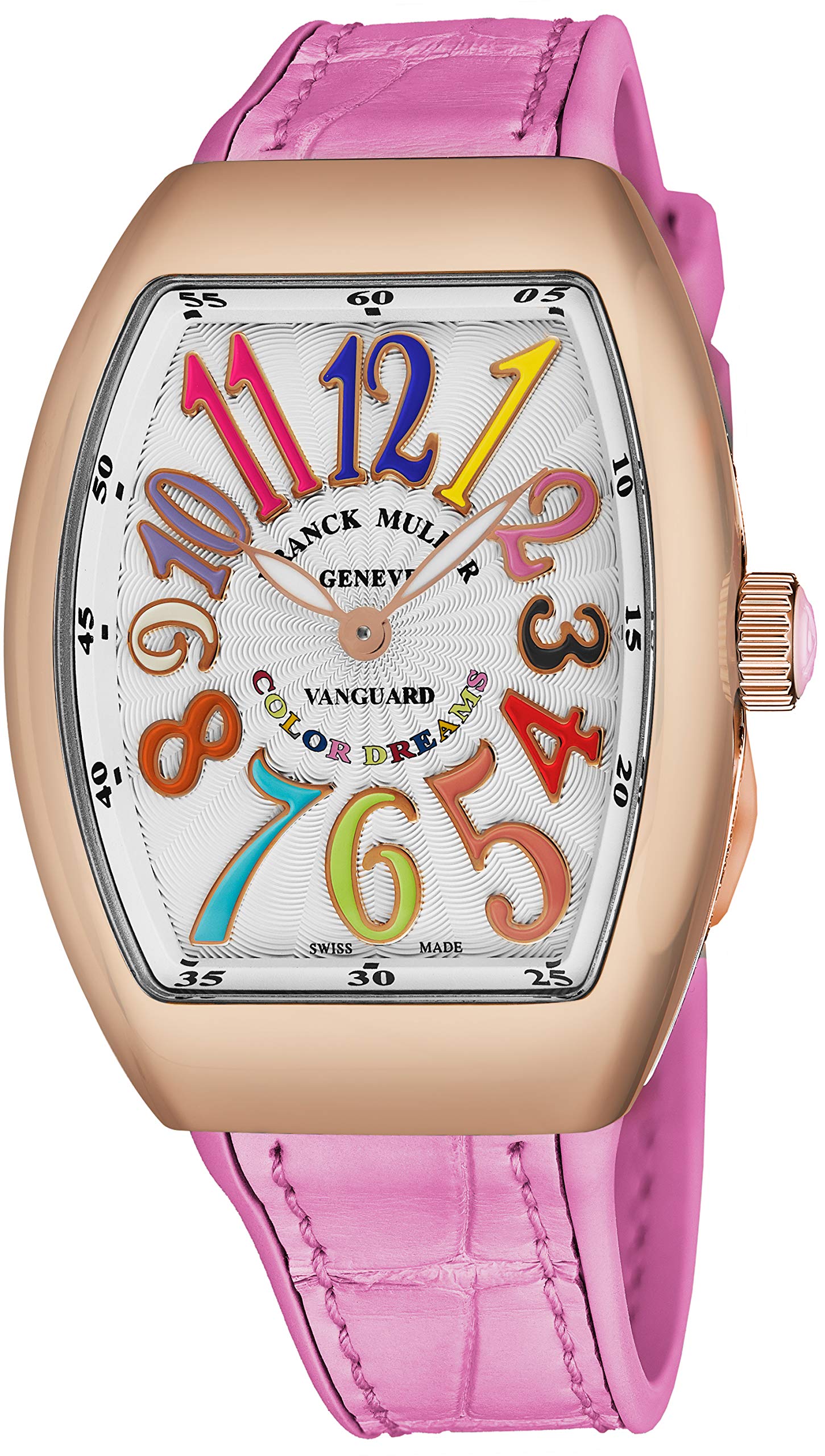 Franck Muller Vanguard Color Dreams Womens 18K Rose Gold Swiss Quartz Watch Tonneau Silver Face with Luminous Hands and Sapphire Crystal - Pink Leather/Rubber Strap Ladies Watch V 32 SC at FO COL DRM