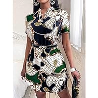Summer Dresses for Women 2022 Chain Print Notched Neck Dress Without Belt Dresses for Women (Color : Multicolor, Size : X-Small)
