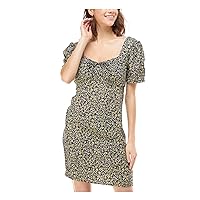 Womens Stretch Pleated Bow Detail Pouf Sleeve Sweetheart Neckline Short Fit + Flare Dress