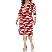 Star Vixen Women's Plus-Size 3/4 Sleeve Fauxwrap Dress, Red/White Dot, 2X