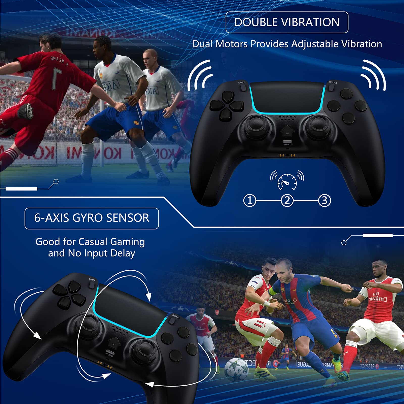 Honghao Wireless PS4 Controller Dualsensed Vibration Shock 4, Remote Analog Sticks Controller with Turbo Function and 6-Gyro Motion Sensor, Gamepad PS4 Controller Compatible with Pro/Slim (Black)