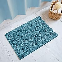 NICETOWN Bathroom Rug for Front Door, Slip-Resistant Absorbent Soft and Fluffy Thick Striped Bath Mat Non-Slip Microfiber Dry Fast Bath Mat for Kids Pets Baby Nursery (Teal Blue, 32