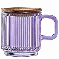 Glass Coffee Mug with Lid - Premium Classical Vertical Stripes Glass Tea Cup - for Latte, Tea, Chocolate, Juice, Water - Lead-Free - Bamboo Lid - Amethyst Purple