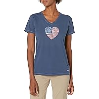 Life is Good Women's Short Sleeve Crusher V-Neck Watercolor American Flag Heart Graphic T-Shirt