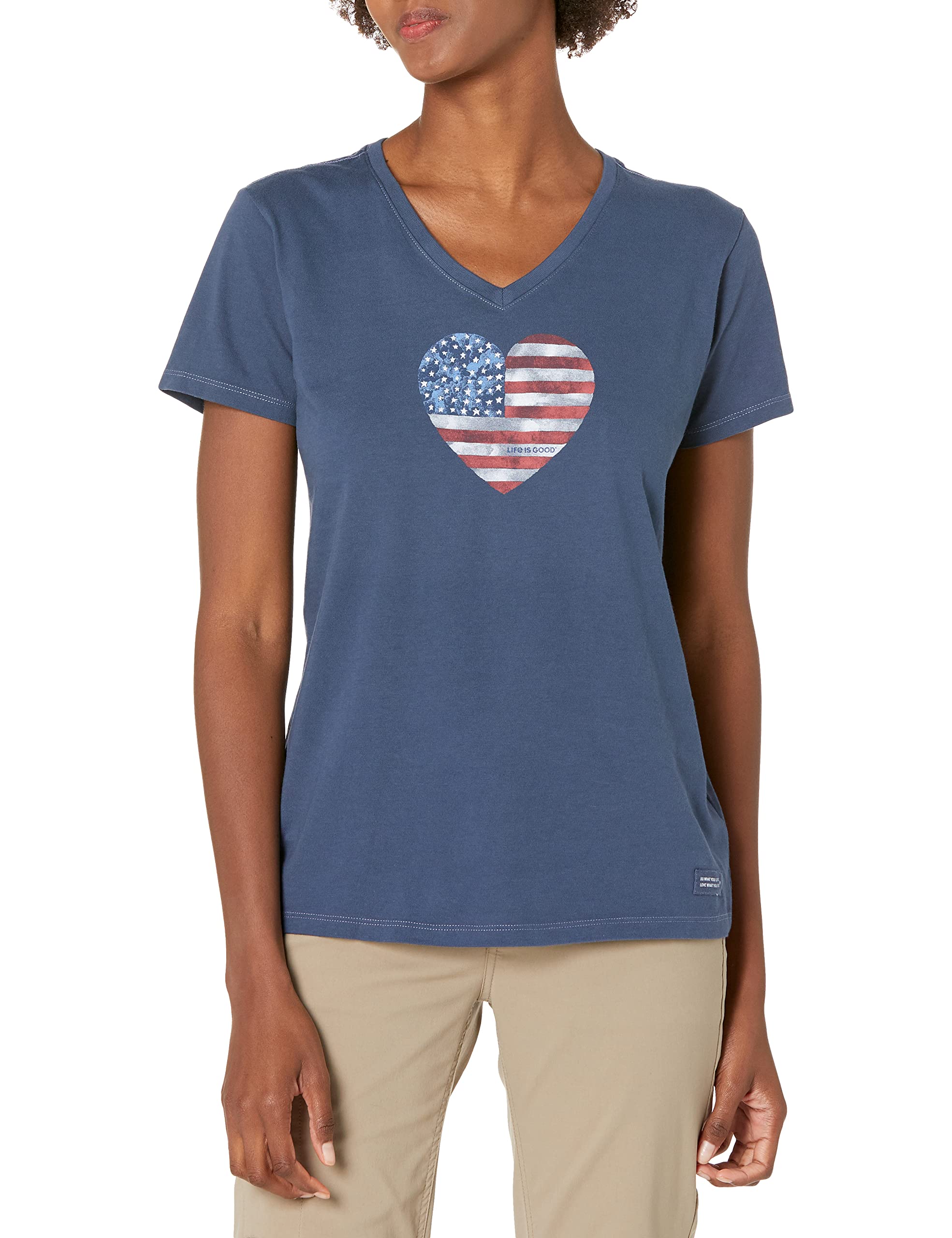 Life is Good Women's Crusher Graphic V-Neck T-Shirt Watercolor American Flag Heart