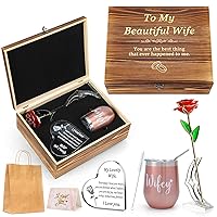 Anniversary Gi fts for Her| Wife, Wife Gift Set with Crystal Engraved Heart, 24K Gold Dipped Rose, Wine Tumbler, Wife Gifts for Anniversary & Birthday
