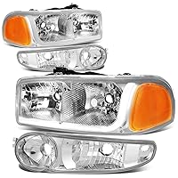 Auto Dynasty 4PCS LED DRL Headlights and Bumper Lamp Compatible with GMC Sierra Yukon XL 1500 Denali 01-07, Driver and Passenger Side, Chrome Housing Amber Corner