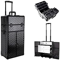 3-in-1 Pro Rolling Makeup Artist Cosmetics Train Organizer Travel Case Hair Trays Extra Lid Drawers, Black