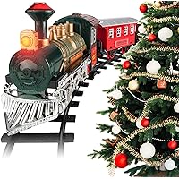 Christmas Train Set for Around The Tree with Sounds and Lights, Steam Locomotive Engine, Cargo Car and Round Railway Tracks for Under The Christmas Tree 12 Tracks for Kids Boys, Red