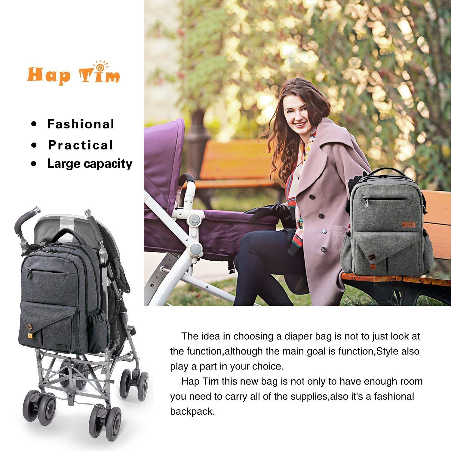 Hap Tim Multi-function Large Baby Diaper Bag Backpack W/Stroller Straps-Insulated Bottle Pockets-Changing Pad,Stylish & Durable(Dark Gray-5284)
