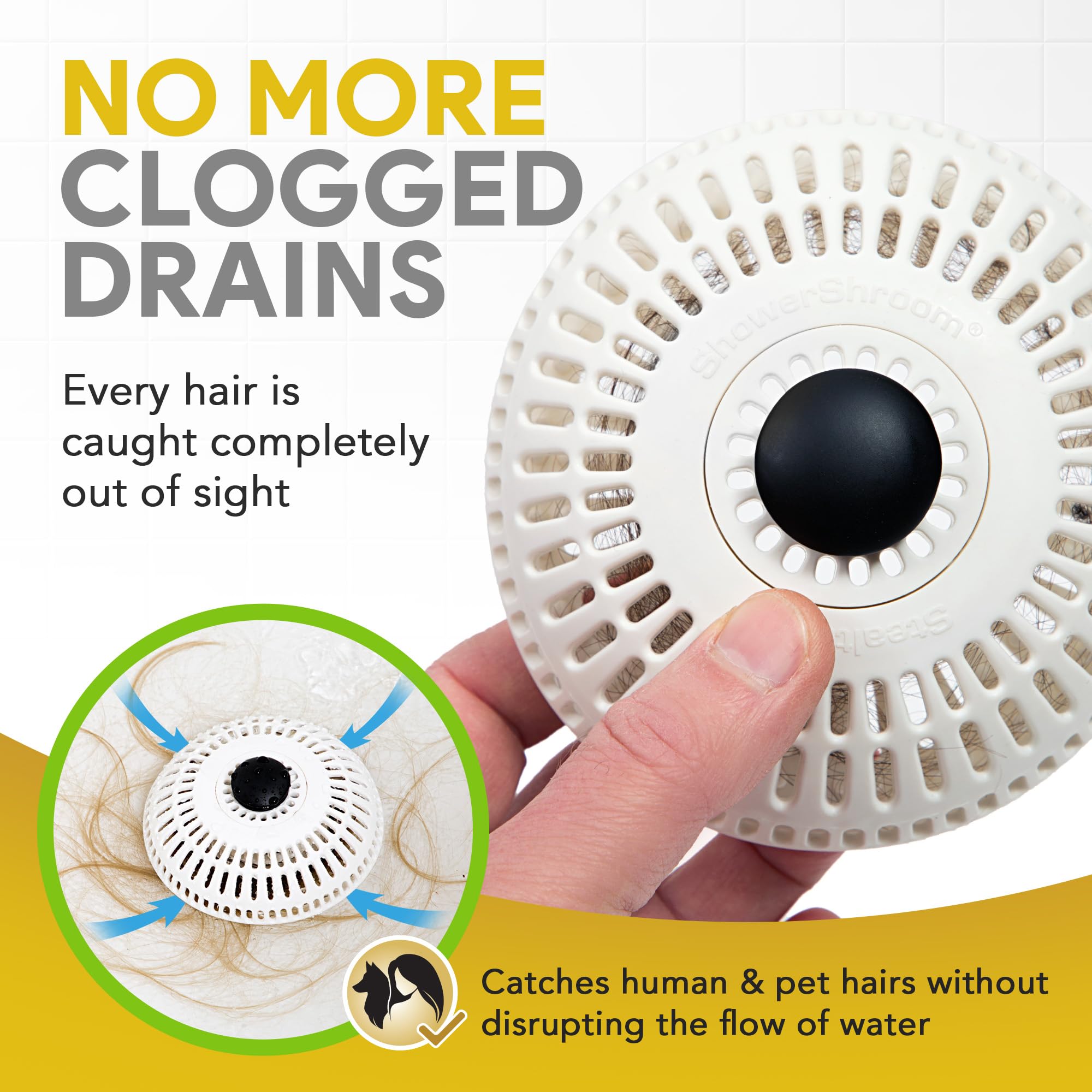 ShowerShroom Stealth Shower Hair Drain Catcher - Hair Stopper for Shower Drain, Bathtub, and Bathroom Sink, Will Not Impede Water Flow, Bathtub Hair Catcher for Drain with No Installation Required