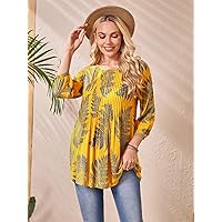 Women's Tops Women's Shirts Sexy Tops for Women Tropical Print Pleated Blouse (Color : Multicolor, Size : X-Small)