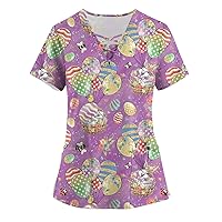 Easter Tshirt, Ladies Tops and Blouses Girl Easter Outfit Short Sleeve Tops Women's Shirt Easter Printed Blouse Trendy Tunic V-Neck Pocket Loose Tee Trendy Shirt Easter Tshirts (Purple,Large)