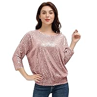 JASAMBAC Women's Sparkle Sequin Tops Shimmer Glitter Loose Cold Shoulder Party Tunic Batwing Dolman Dressy Tops