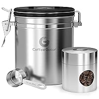Coffee Canister, Stainless Steel Airtight Coffee Containers for Ground Coffee with Date-Tracker, CO2-Release Valve, Measuring Scoop & Travel Jar - Medium, 16 oz, Silver