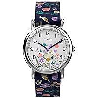 Womens Watch Peanuts Weekender Casual Ladies Wristwatch - Featuring Snoopy and Woodstock in a Floral Motif, Silver-Tone Case with Blue Fabric Strap (31mm)