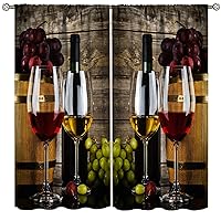 Wine Wooden Kitchen Curtains Blackout Rod Pocket Grapes French Bottles and Glasses Drink Fruit Rustic Polyester Window Drapery Treatment for Bedroom Living Room 42x45 Inch