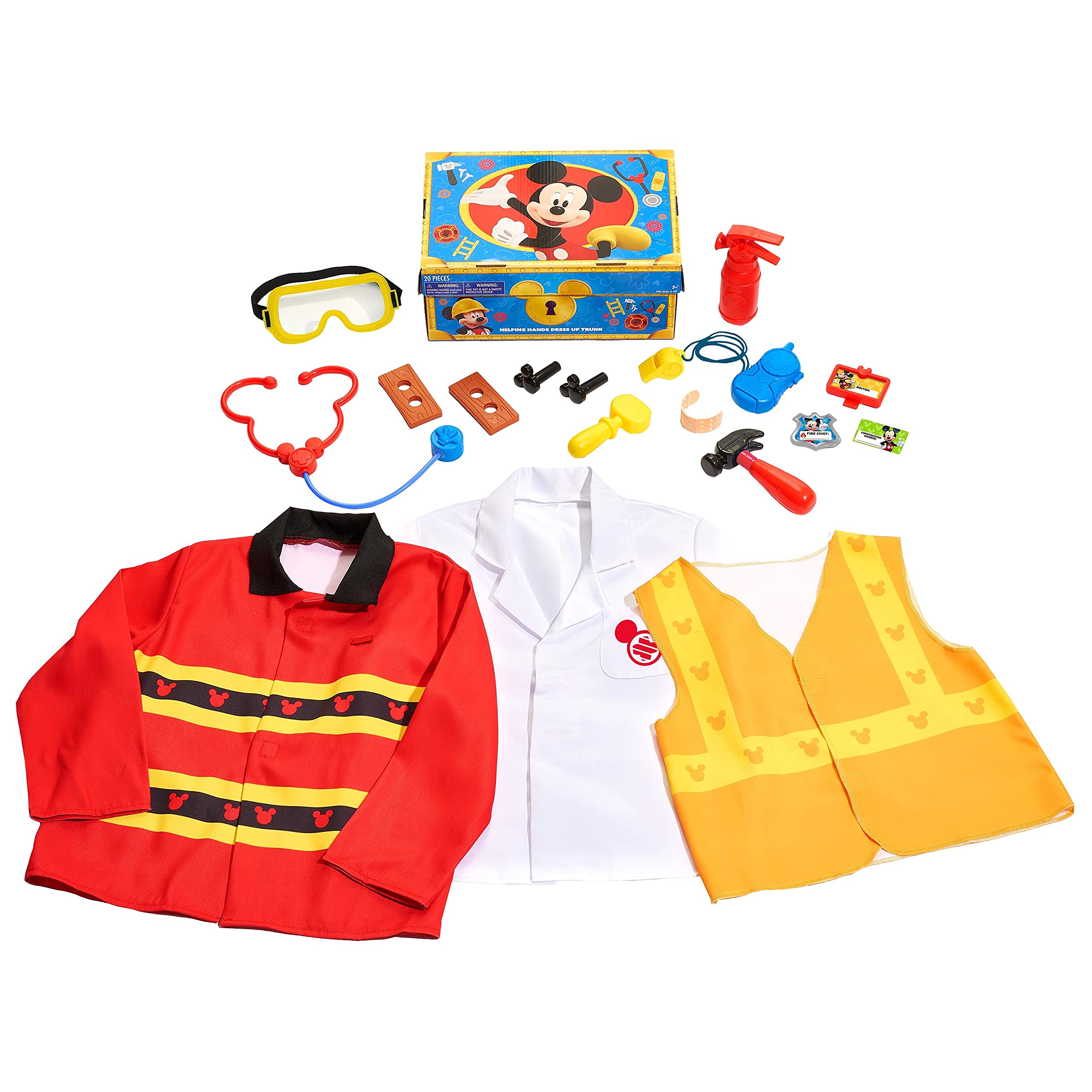 Disney Junior Mickey Mouse Helping Hands Dress Up Trunk, 19 Piece Pretend Play Set with Storage, Size 4-6X, Amazon Exclusive, by Just Play