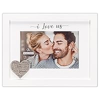 Malden International Designs 4x6 I Love Us Picture Frame Raised White Outer MDF Wood Moulding White Wood Grain Finish Mat With Gray Screenprinted Text Silver Finish Metal Heart Attachment