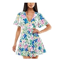 B Darlin Womens White Zippered Ruffled Pleated Textured Button Closure Floral Flutter Sleeve V Neck Mini Party Fit + Flare Dress Juniors 3