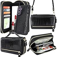 Harryshell Compatible with Samsung Galaxy S23 FE Case Wallet Multi Zipper Detachable Removable Cover Purse with Cash Coin Pocket Card Slots Mirror Crossbody Wrist Strap (Crocodile Skin Black)