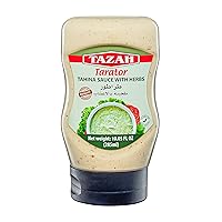 Tazah Lebanese Tahini Sauce with Herbs, 10 Fl Oz Squeezable Bottle Tarator Flavorful Sesame Dressing with Garlic Thyme Oregano Perfect for Shawarma Falafel Fish Vegetables