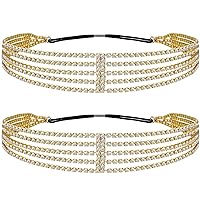 ANCIRS 2 Pack Multi Layered Elastic Headband for Women, Adjustable Rhinestone Bridal Headpieces, Stretchy Crystal Jewelry Hair Bands Accessories for Girls- Gold