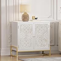 Buffet Sideboard Cabinet, 31.5 Inch Accent Storage Cabinet with 2 Carved Glass Doors and Metal Legs for Living Room, Entryway, Antique White