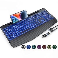 SABLUTE Wireless Keyboard with 7 Colored Backlits, Wrist Rest, 2.4G Computer Gaming Keyboard with Phone Holder, Rechargeable Full Size Ergonomic Keyboard with Silent Keys for MacBook, PC, Laptop