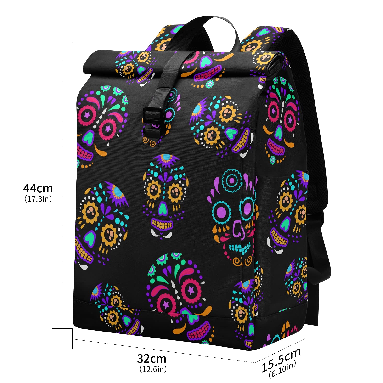 ALAZA Day Of The Dead Colorful Sugar Skull Floral Large Laptop Backpack Purse for Women Men Waterproof Anti Theft Roll Top Backpack, 13-17.3 inch
