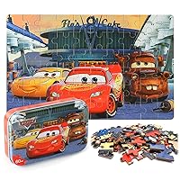 LELEMON Disney Car Jigsaw Puzzles in a Metal Box 60 Pieces Lightning McQueen Jigsaw Puzzle for Kids Ages 4-8 Children Learning Educational Puzzles Toys