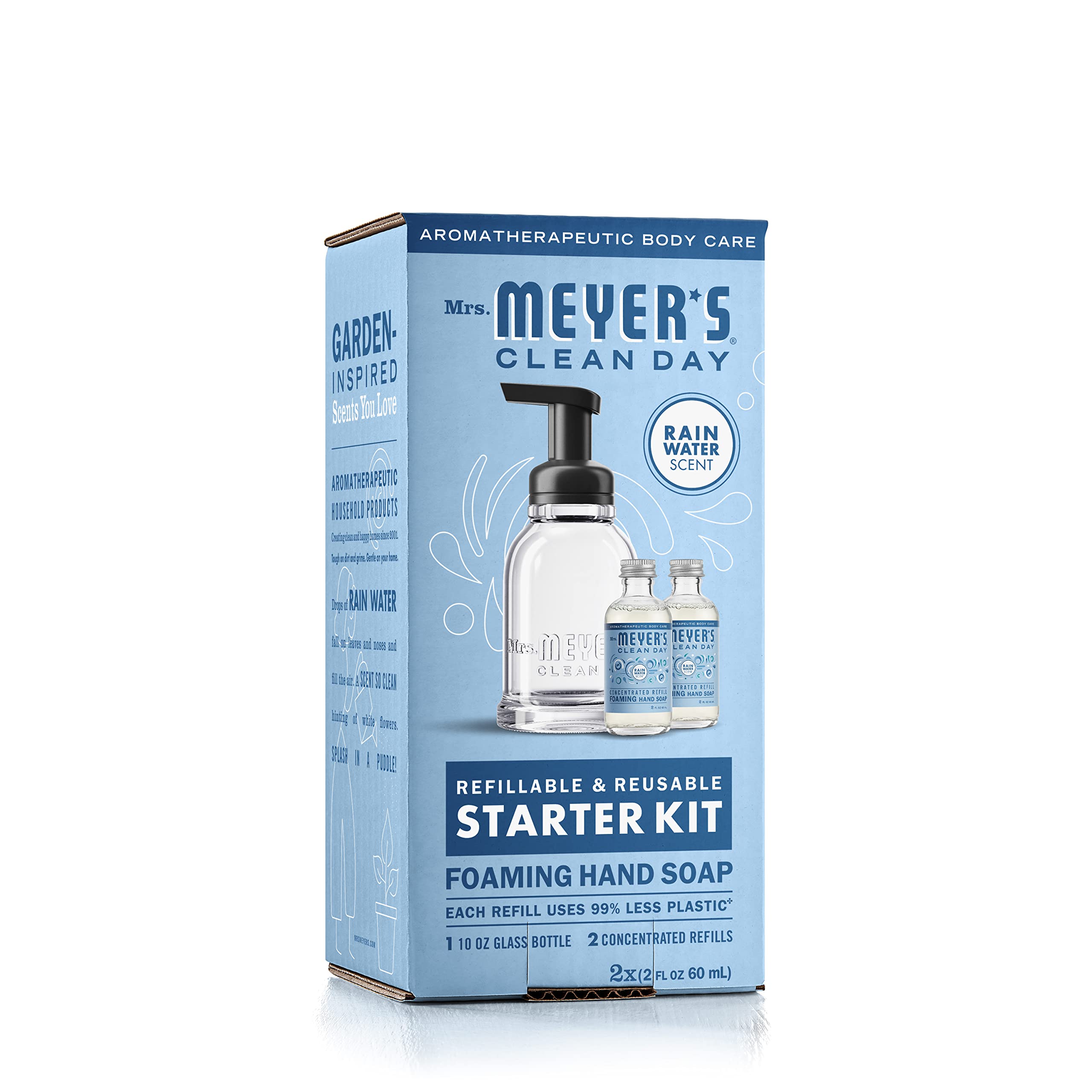 Mrs. Meyer's Foaming Hand Soap Dispenser and Concentrate Starter Kit, 1 Glass Dispenser (10 Fl. Oz.) and 2 Concentrated Refills (2 Fl. Oz. each), Rain Water, Makes 20 Fl. Oz. of Foaming Soap Total