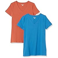 Amazon Essentials Women's Classic-Fit Short-Sleeve V-Neck T-Shirt, Pack of 2, Terracotta/Blue, Medium