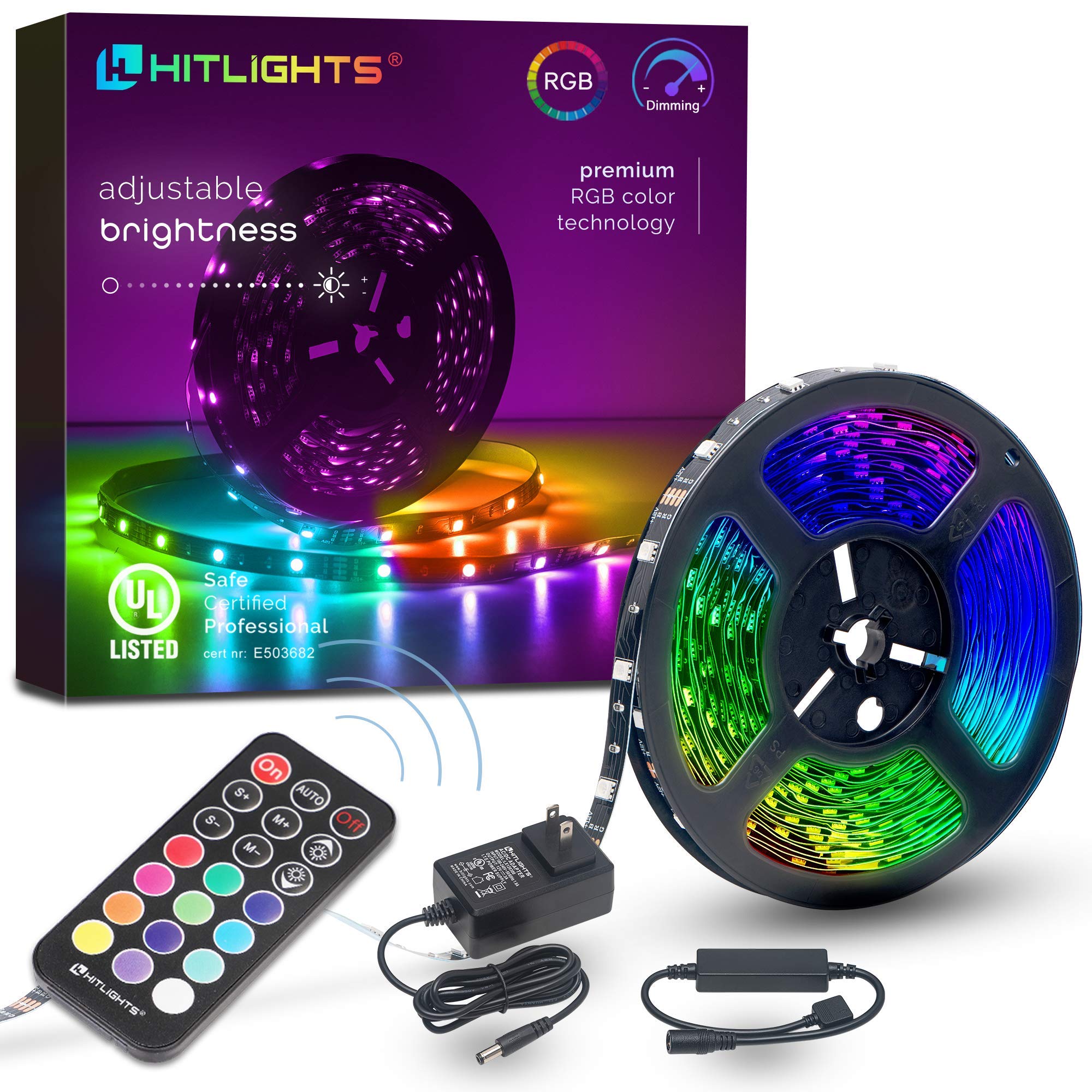 HitLights 32.8ft LED Strip Lights, RGB 5050 Color Changing LED Light Kit Ultra Brighter 300LEDs Flexible Light Strips with RF Remote and UL Power Supply for Home Room Party TV Bedroom